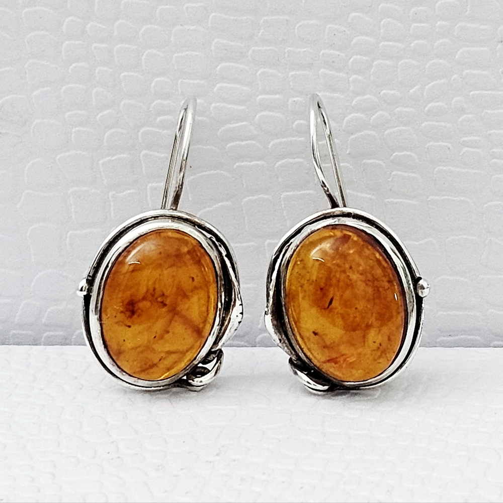 Silpada Rare Sterling Silver Leaf Oval Amber Gemstone Vintage Earrings W1006